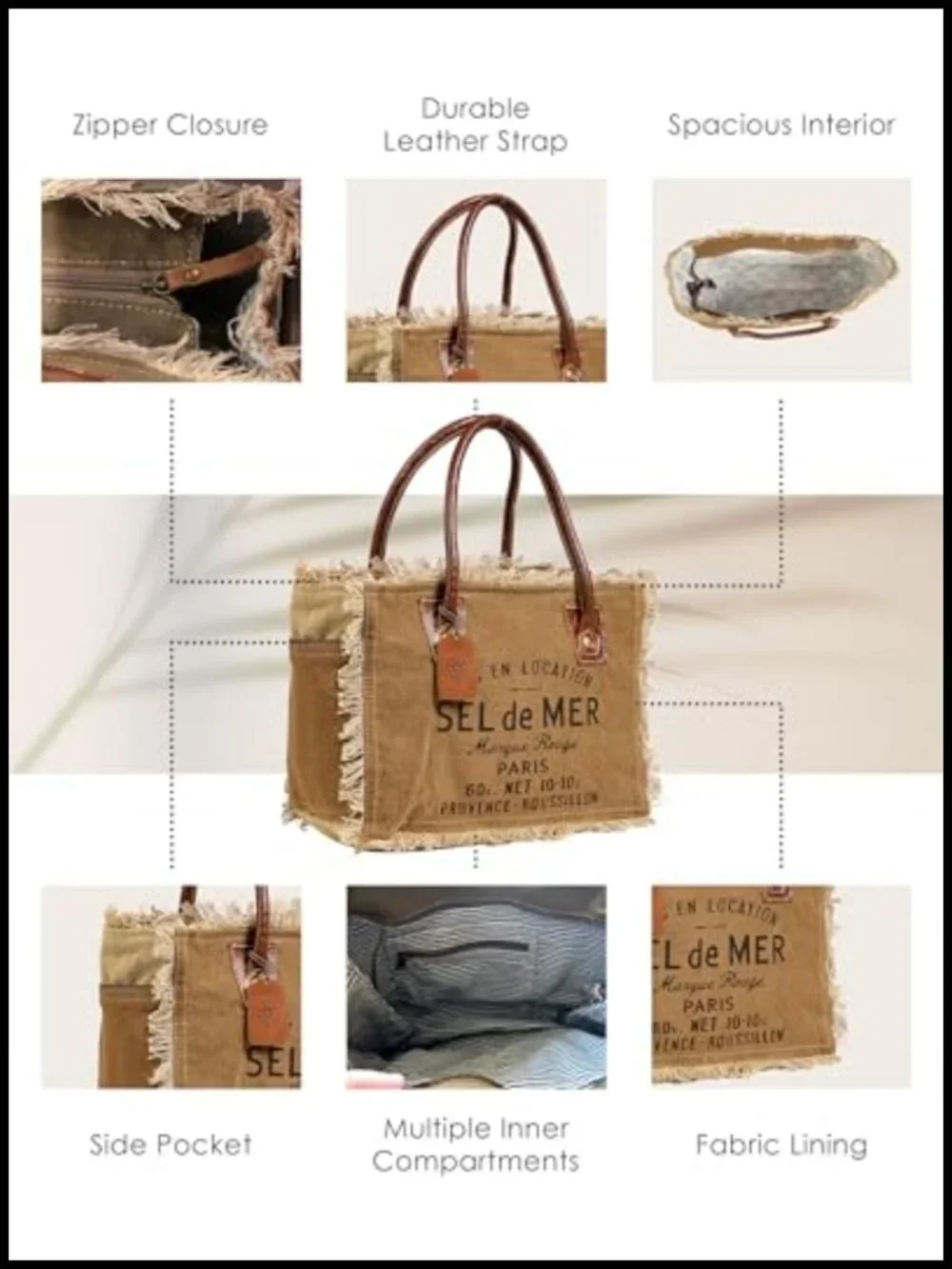 Canvas Tote Bag with Leather Strap, French Inspired Fabric Handbag